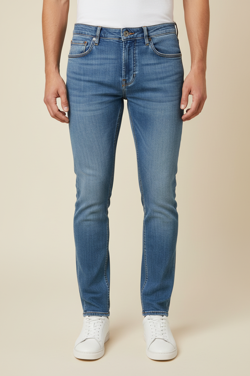 dikey formatta slim fit kot pantolon görseli oluştur lütfen, bu görsel erkek manken üzerinde olmalı arka plan açık bej rengi olsun, mankenin sadece belden aşağısı yani sadece pantolon kısmı görünebilir ve tabiki ayakkabılarıda