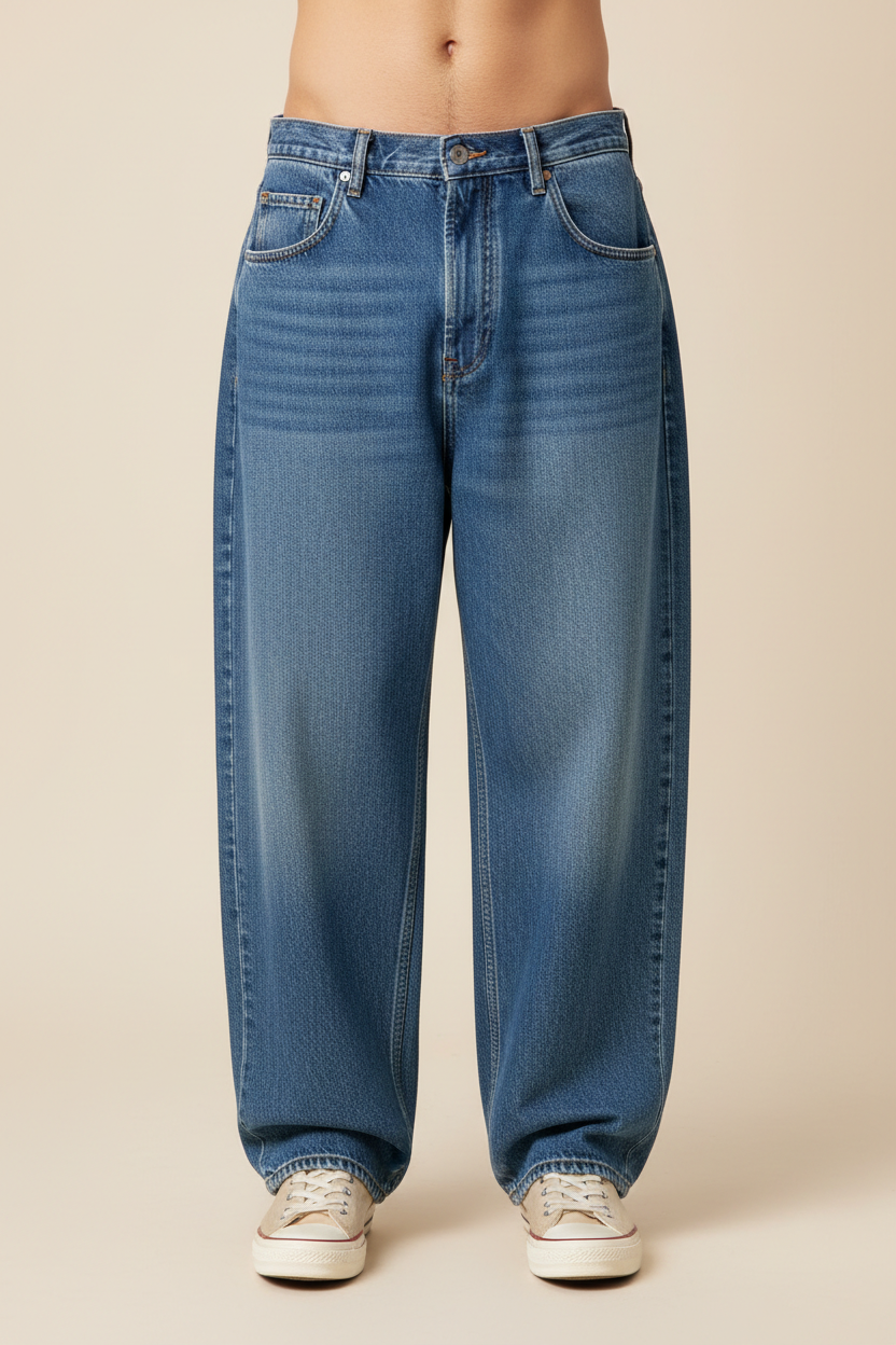 dikey formatta  Baggy jean kot pantolon görseli oluştur lütfen, bu görsel erkek manken üzerinde olmalı arka plan açık bej rengi olsun, mankenin sadece belden aşağısı yani sadece pantolon kısmı görünebilir ve tabiki ayakkabılarıda